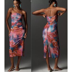 Anthropologie Soleil Slim Strapless Ruched Mesh Dress NWT Pink Multi Small
